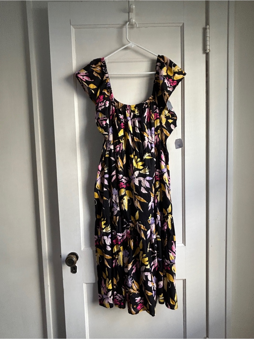 NWT!! Time and Tru Black Floral Tiered Midi Dress with Yellow and Pink Accents